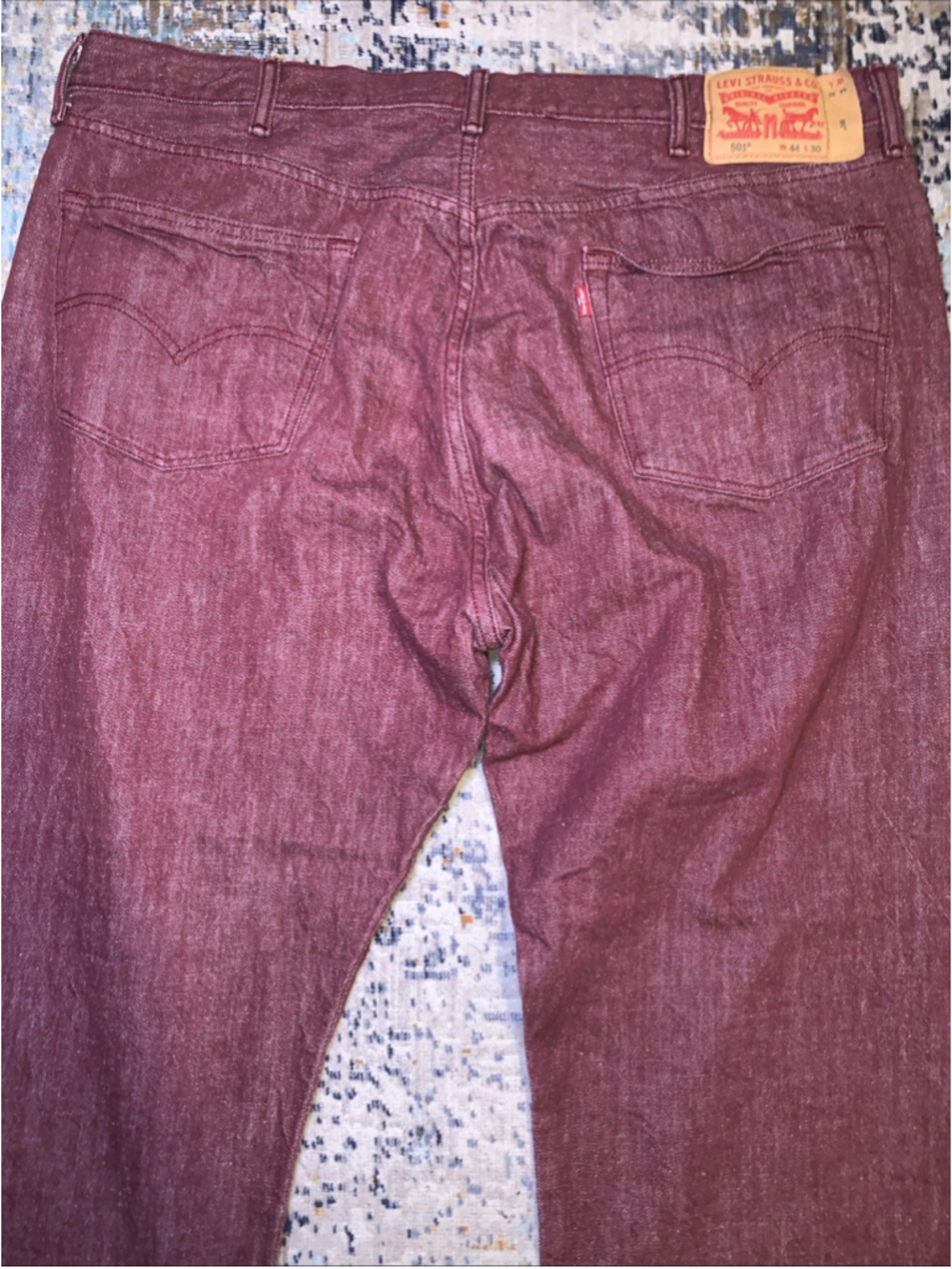 Levi’s 501 44x30 Mens Button Fly Burgundy Red White Oak Cone Denim XX Jeans - Picture 2 of 16